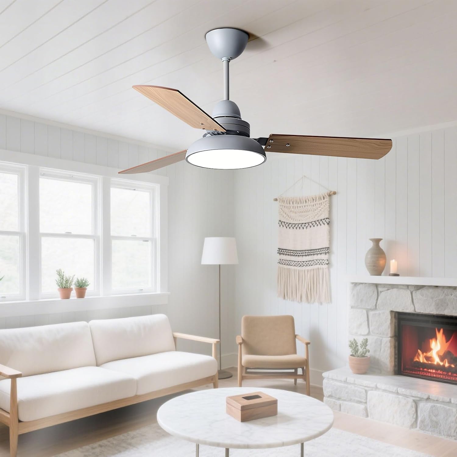 Modern Quiet 42in Ceiling Fan With Light 6 Gear Wind Speed Remote Ceiling Fans Indoor LED Green Ceiling Lights Fan Lighting Plywood Fan Blades For Living Room Dining Room Bedroom