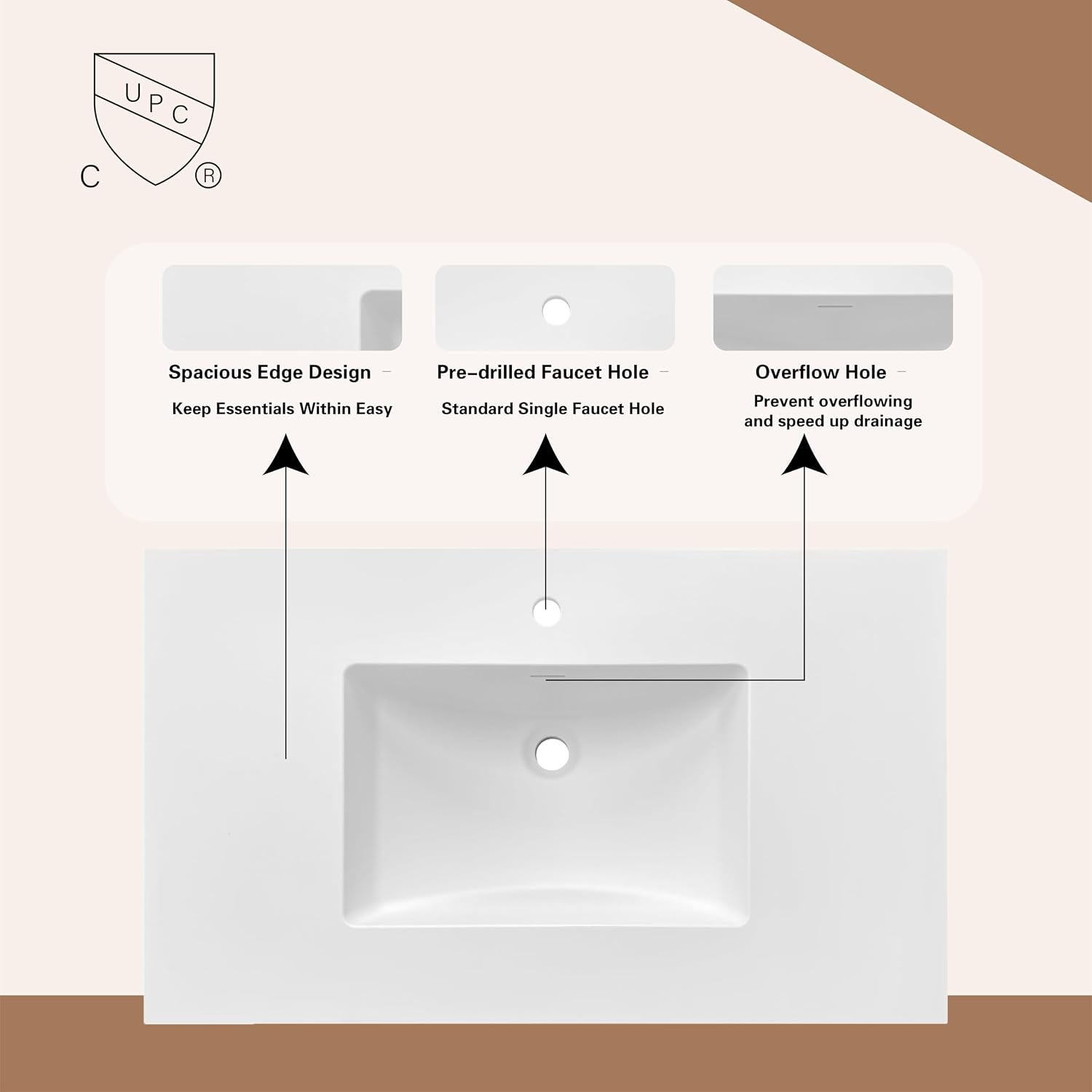 25'/31'/37' Solid Surface Polyurethane Resin Streamline Vanity Top With Sink, Durable, Consistent Color, Easy-to-Clean, Built-in Overflow (25'W x 22'D)
