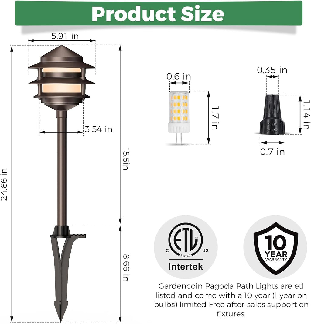 Gardencoin Pagoda Low Voltage Landscape Pathway Lights, 12V Outdoor LED Path Lights Wired, Aluminum Walkway Lighting with 4W 2700K Replaceable G4 Bulb, Bronze Classic 3-Tier Lantern, 6 Pack
