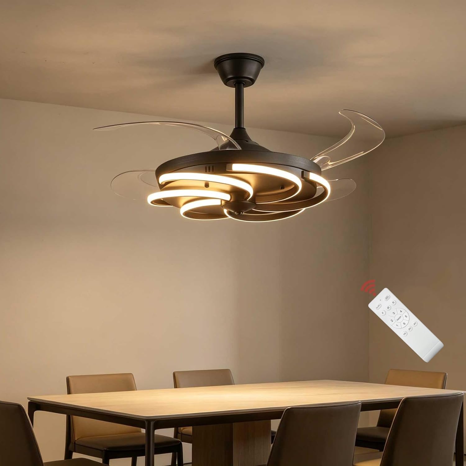 42' Retractable Ceiling Fan with Lights Modern Fandelier Fan Light with Remote Bladeless Fan Ceiling Light for Bedroom Living Room 6 Speed Black (Black RFL25012)