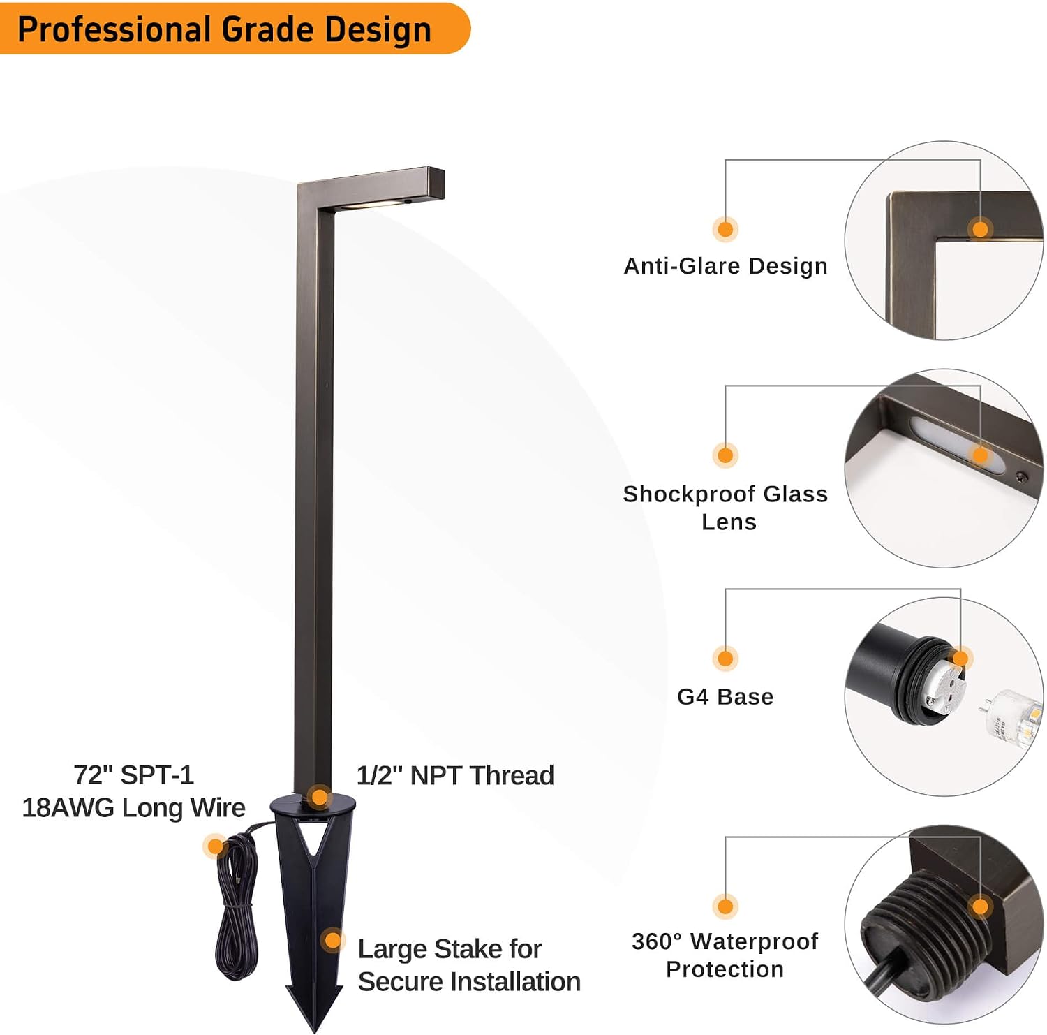 Gardenreet Brass Hardwired Landscape Path Lights, 12V Low Voltage Pathway Light IP65 Waterproof, Outdoor Walkway Lighting Wired, LED Bronze for Patio Lawn with 3W 3000K Soft White G4 Bulb (4 Pack)