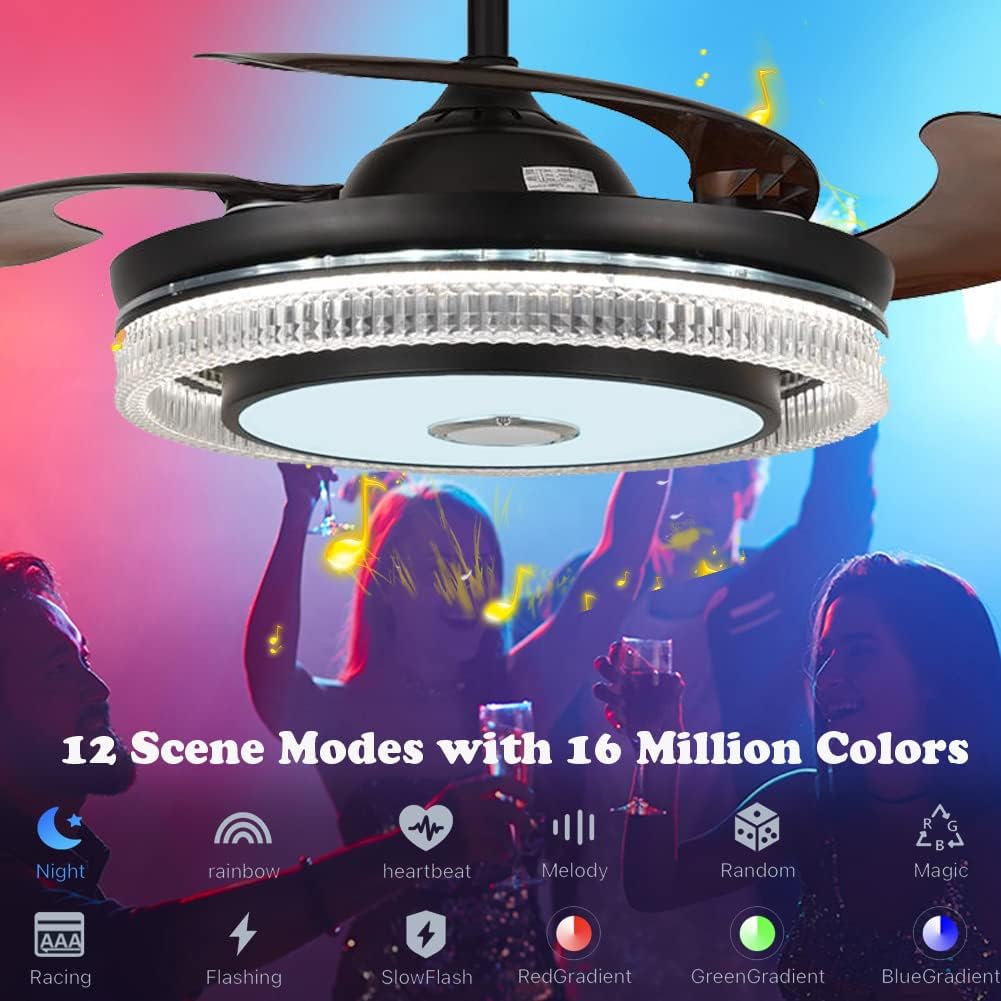 Fandian 42' Smart Ceiling Fan with Lights Bluetooth Speaker Chandelier, Modern Black Fandeliers with APP RGB Dimmable Colors, Reversible 6-Speed Lighting Fixtures for Living Bedroom
