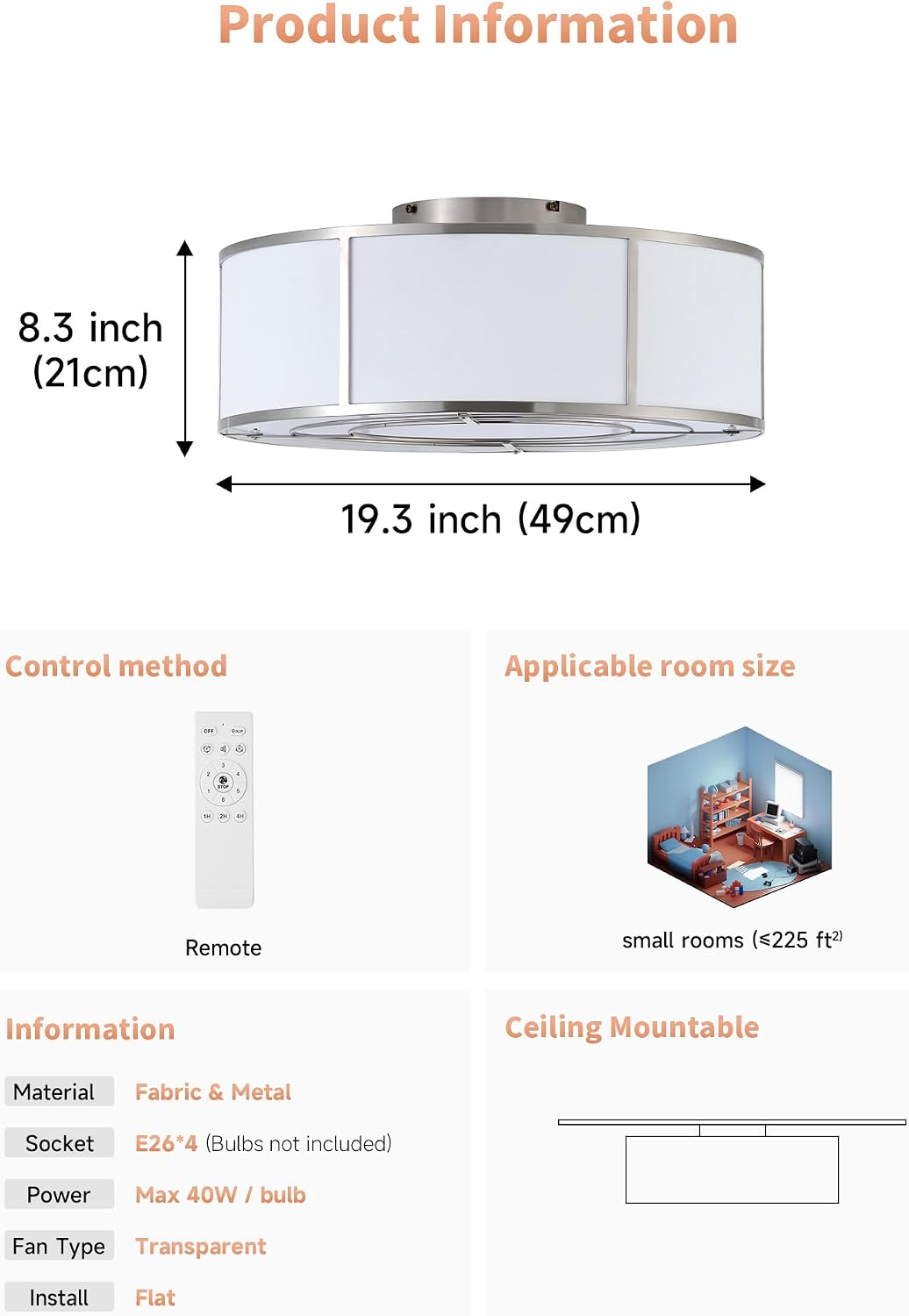 Low Profile Ceiling Fans with Lights, 20' Flush Mount Ceiling Fan with Light, Silver and White Boho Bladeless with 6 Speeds Remote Control for Bedroom, Nursery, Living Room