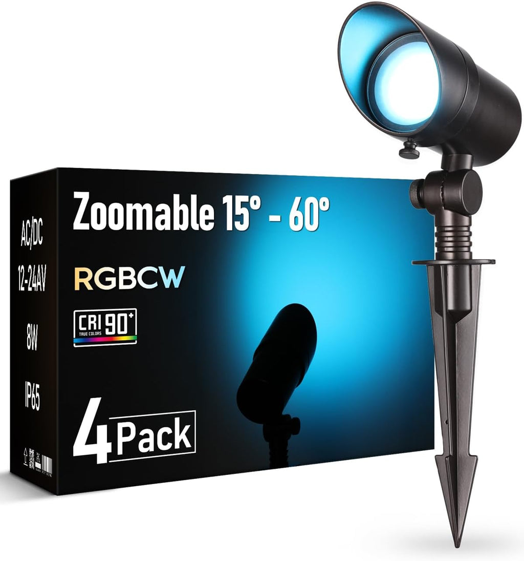 LEONLITE RGBCW LED Landscape Spotlight, 15°-60° Adjustable Beam Angle, 8W Low Voltage Spot Light with Stepless Adjustment, Color Changing, Aluminum, IP65 Waterproof, Oil Rubbed Bronze, Pack of 4