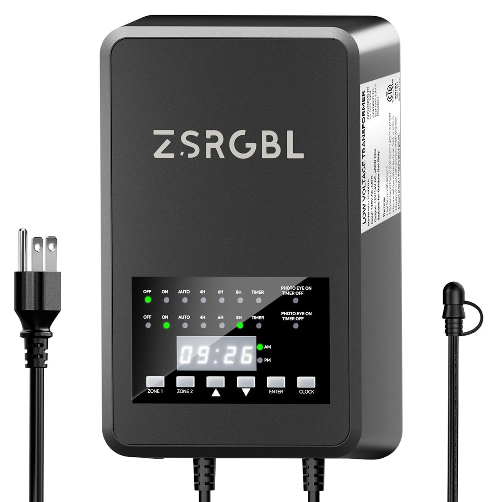 600W Low Voltage Transformer with 2 Zone Independent Control 120V AC to 12/14V AC Outdoor Weatherproof Landscape Lighting Transformer with Photocell Sensor and Timer for Spotlights, ETL Listed