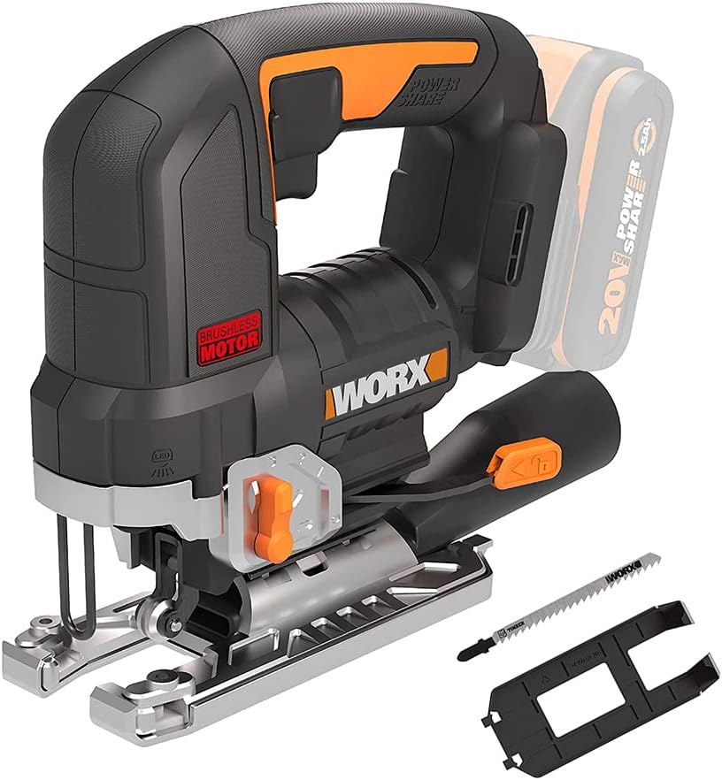 WORX Nitro WX542.9 Cordless Pendulum Stroke Jigsaw 20 V - Brushless Motor - Professional Jigsaw with Suction Adapter - Also Ideal for Mitre Cuts - PowerShare Compatible - Without Battery and Charger