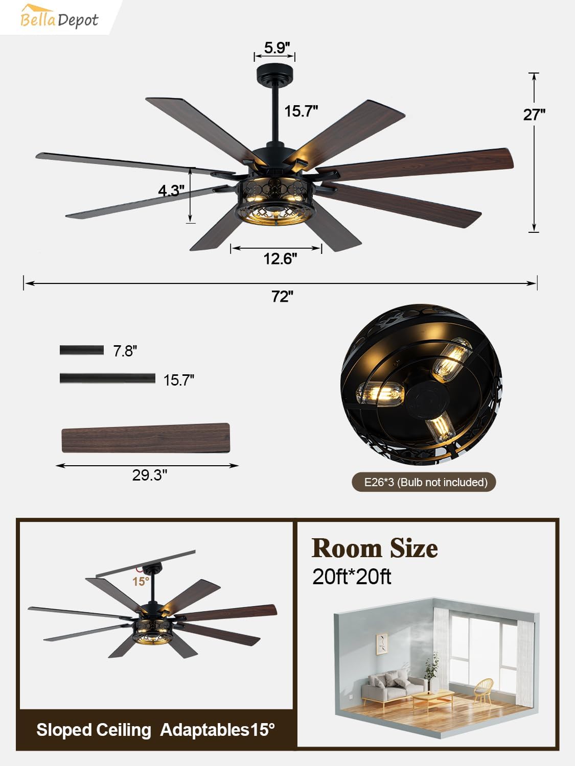 Bella Depot 72' Ceiling Fan with Light, Farmhouse Caged Chandelier Fan with Lights and Remote, Vintage Rustic Indoor Fandelier with Silent Motor for Dining Living Room Bedroom, (Bulbs not Included)
