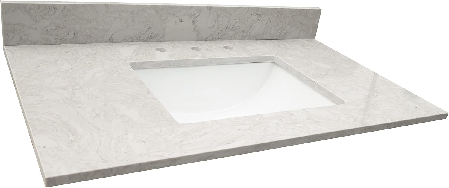 MSI Drifting Fog Vanity Top with Under Mount Rectangle Ceramic Sinks, Engineered Marble Stone, 4' CC Faucet Holes, 37'X22'
