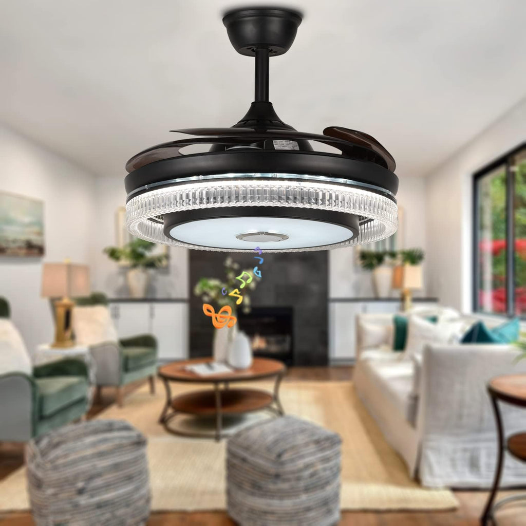 Fandian 42' Smart Ceiling Fan with Lights Bluetooth Speaker Chandelier, Modern Black Fandeliers with APP RGB Dimmable Colors, Reversible 6-Speed Lighting Fixtures for Living Bedroom