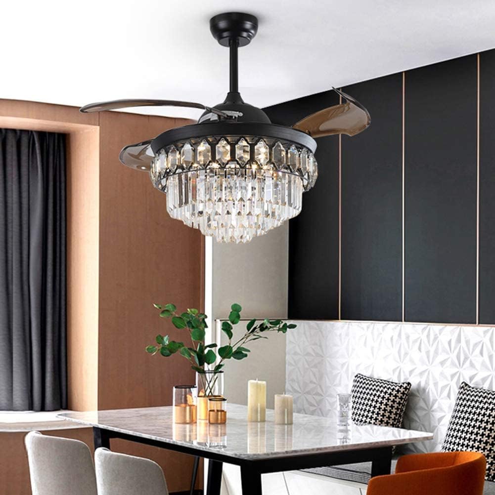 Fandian 42' Modern Crystal Ceiling Fan with Lights Black Retractable Fandelier Remote Control Fixtures, 3 Color Changes Luxury Lighting for Dining Room, Living Room