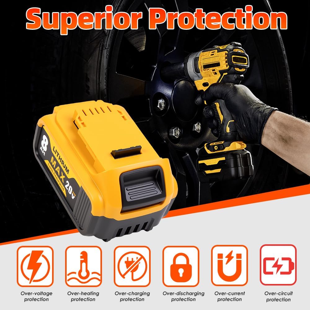1Pack 8.0Ah 20V Battery Replacement for Dewalt 20V Lithium Battery Compatible with Dewalt 20 Volt MAX XR DCB200 DCB201 DCB203 DCB204 DCB205 DCB206 DCD DCF DCG Series Cordless Power Tools