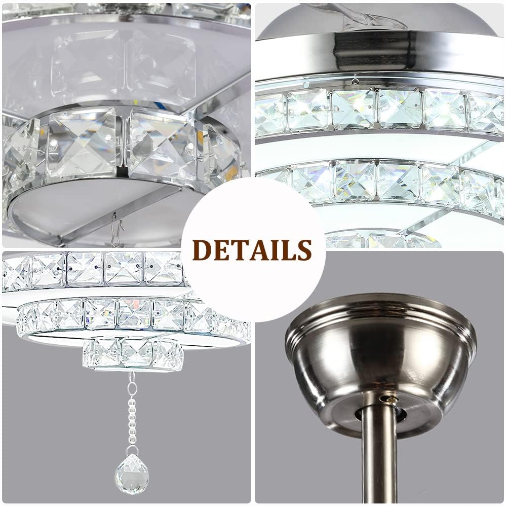 Modern 42'' Crystal Chandelier Ceiling Fan with LED Light Kit and Remote Invisible Ceiling Fan Light Retractable 3 Color Changing LED Fandelier for Living Room Bedroom