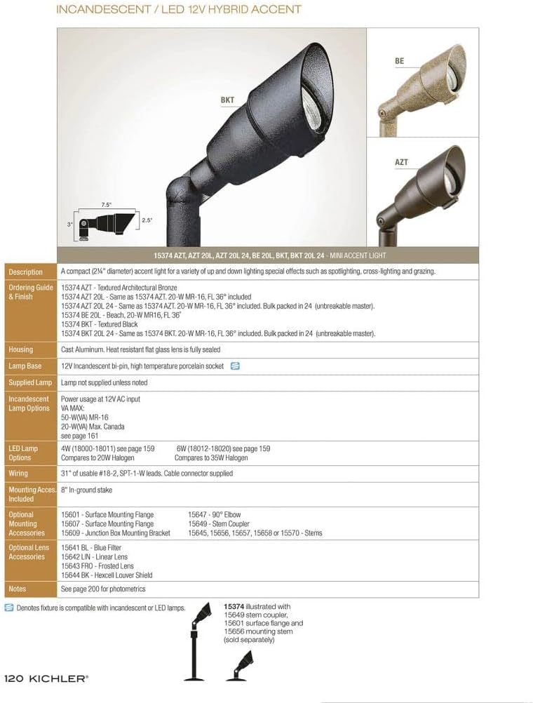 Kichler 7.5' Outdoor Accent Light in Textured Architectural Bronze, 12V LED Adjustable Spotlight, (7.5' L x 3' H),, 15374AZT