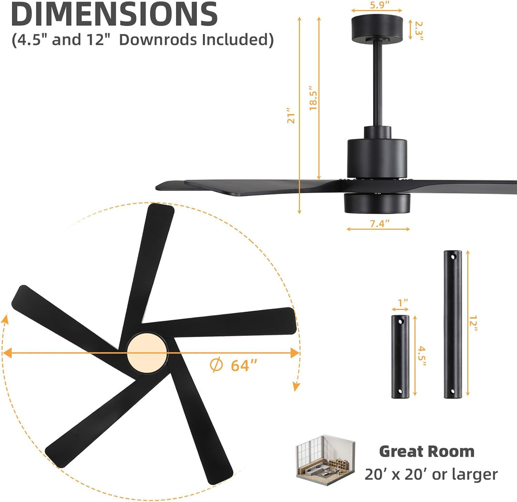 WINGBO 64' ABS DC Ceiling Fan with Lights, 5 Blade ABS Plastic Ceiling Fan with Remote, 6-Speed Reversible DC Motor, LED Ceiling Fans for Kitchen Bedroom Living Room, Matte Black
