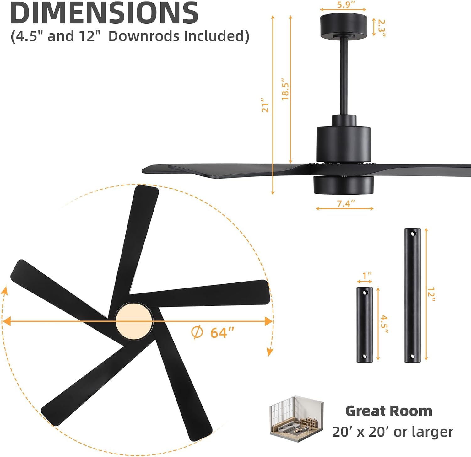 WINGBO 64' ABS DC Ceiling Fan with Lights, 5 Blade ABS Plastic Ceiling Fan with Remote, 6-Speed Reversible DC Motor, LED Ceiling Fans for Kitchen Bedroom Living Room, Matte Black