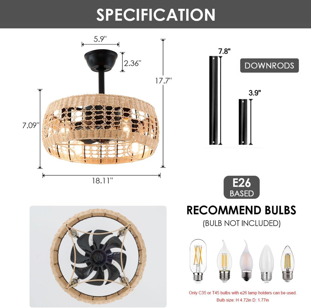 18.2' Rattan Ceiling Fan with Lights 4-Light Boho Caged Ceiling Fandelier with Light Reversible Brown Wicker Flush Mount Fan Pendant Light Remote for Bedroom Kitchen Dining/Living Room Hallway
