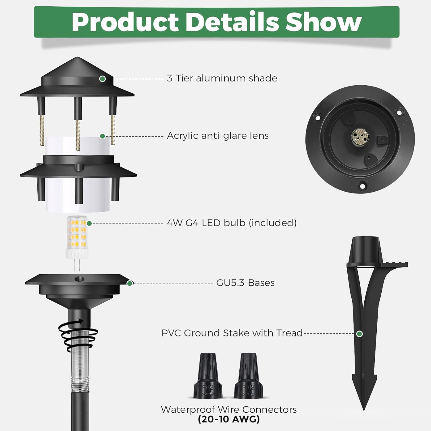 Gardencoin Pagoda Low Voltage Landscape Pathway Lights, 12V Outdoor LED Path Lights Wired, Aluminum Walkway Lighting with 4W 2700K Replaceable G4 Bulb, Classic 3-Tier Lantern, 12 Pack