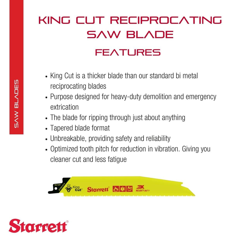 Starrett Bi-Metal King Cut Fire Rescue and Demolition Reciprocating Saw Blade - 8' Length, 1' Width, 0.63' Thickness, Tapered Blade, 10-14 TPI - 50-Pack - BTR81014-50