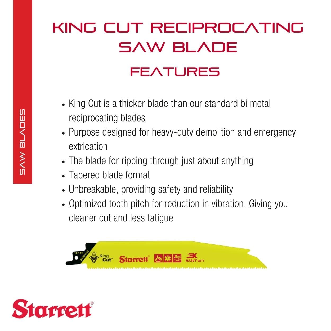 Starrett Bi-Metal King Cut Fire Rescue and Demolition Reciprocating Saw Blade - 8' Length, 1' Width, 0.63' Thickness, Tapered Blade, 10-14 TPI - 50-Pack - BTR81014-50