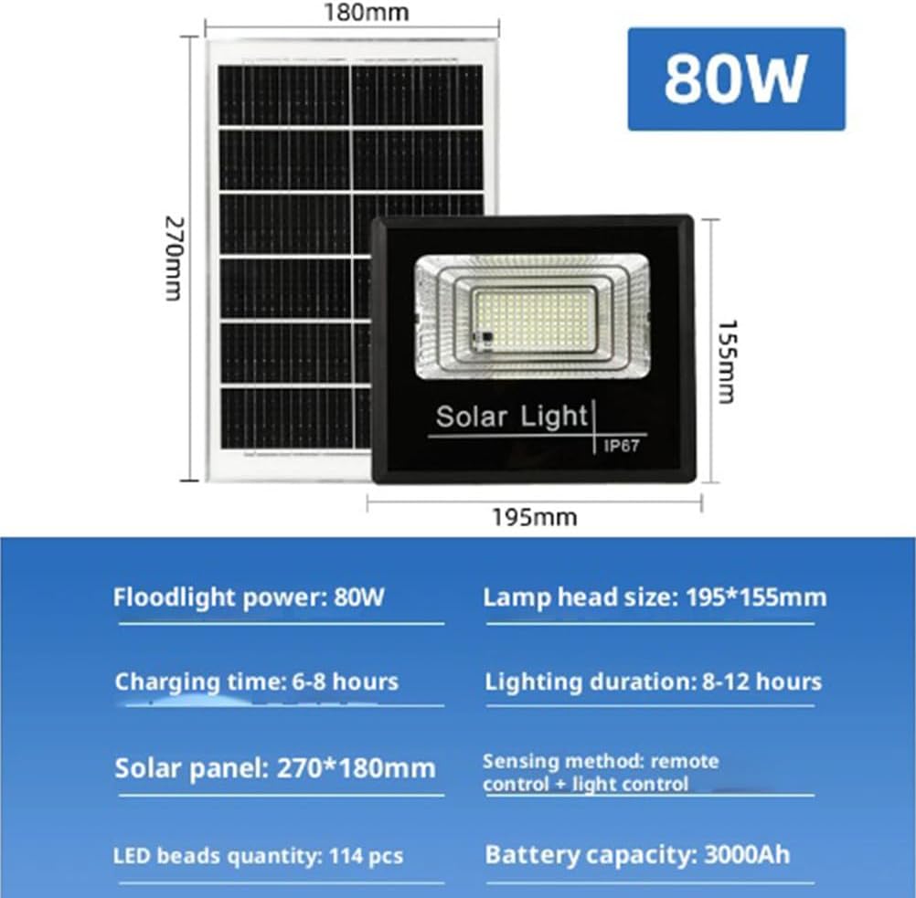 80W Solar Floodlight Outdoor Spotlight IP67 Waterproof with Remote Control, LED Floodlight, Solar Panel Light for Gardens, Streets, Garages, and Courtyards