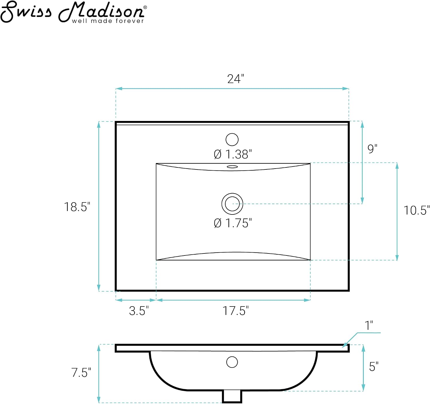 Swiss Madison 24' Vanity Sink Top in Glossy Black