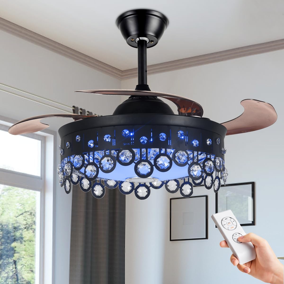 42 Inch Retractable Fandelier Ceiling Fan with Light Bluetooth Speaker, Modern Crystal Chandelier Fan with Remote 7 Color Change Black Smart Invisible Fan Light for Bedrooms Living Room