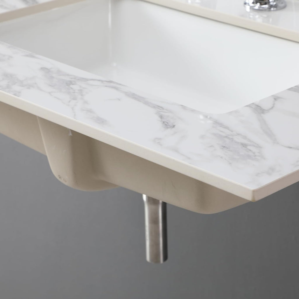 Montary 31'x 22' Bathroom Vanity Top with Undermounted Large Ceramic Sink & Backsplash, Sintered Stone Artificial Marble Vanity Sink Tops with 1 Pre-Drilled Hole, Carrara White