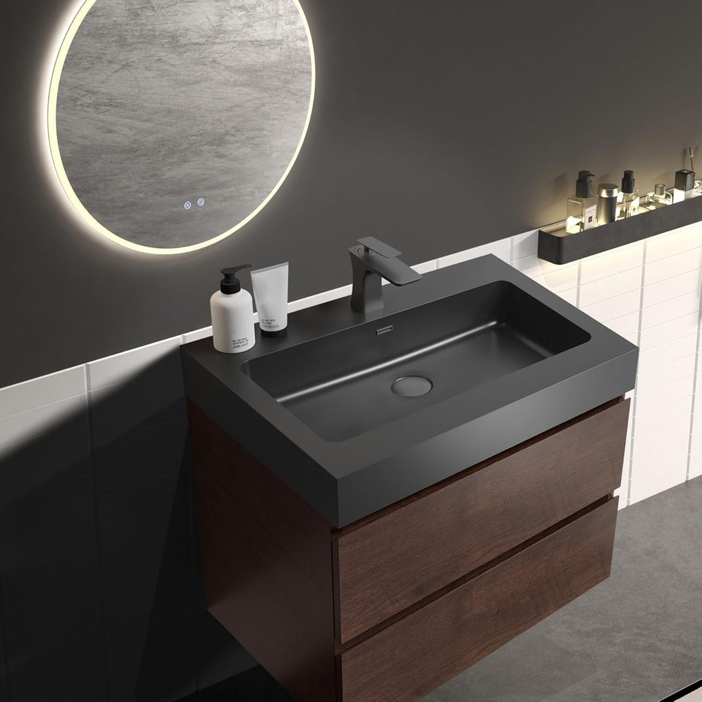 24 Inch Matte Black Vanity Sink – Solid Surface Bathroom Vanity Top with Integrated Sink, Easy-to-Clean Non-Porous Finish for Powder Room or Guest Bath