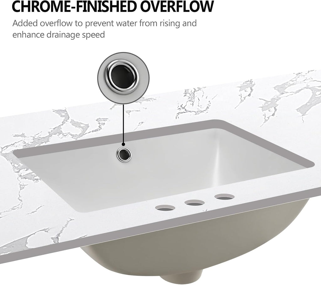 48'x22' Vanity Top with Sink, Engineered Stone Vanity Top with Rectangular Undermount Ceramic Double Sink, 8 Inch Faucet Hole Spacing with Backsplash Countertops for Bathroom
