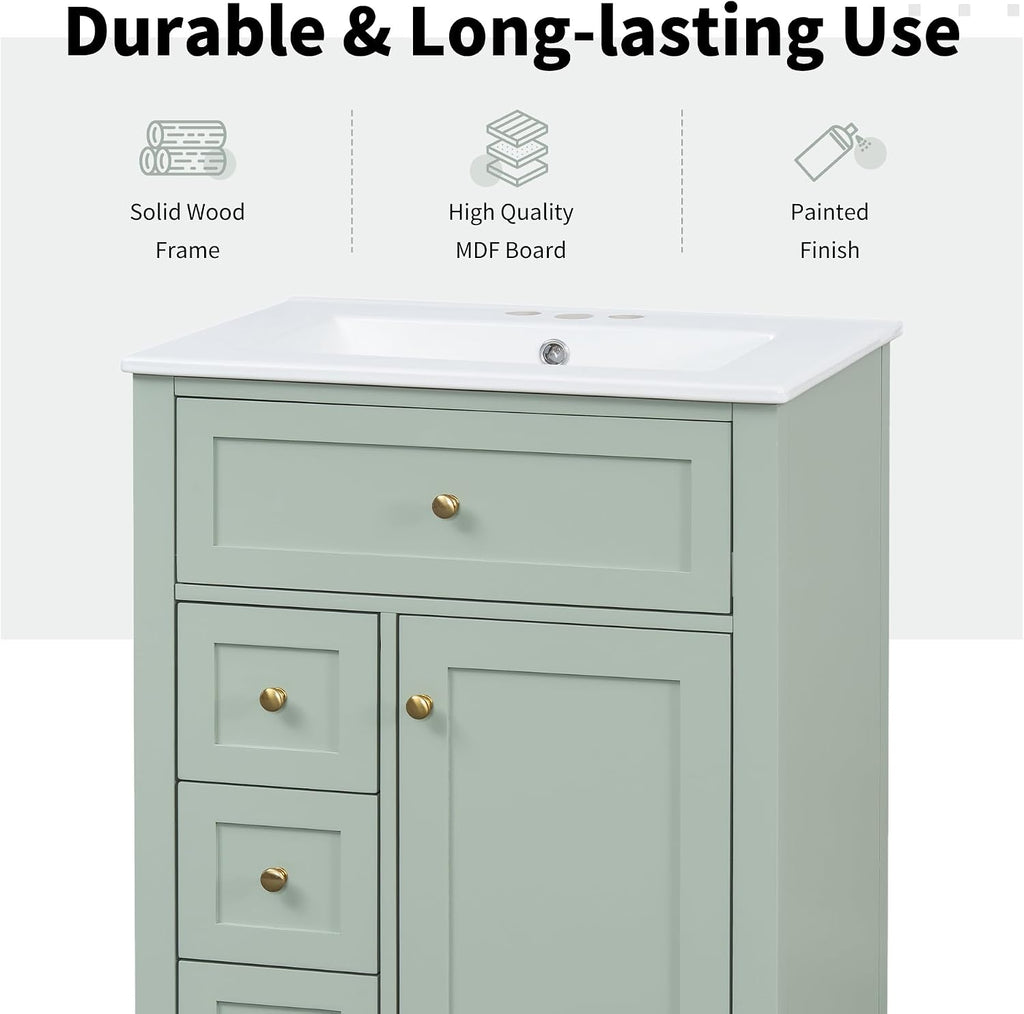 24' Bathroom Vanities Sink Set, Storage Cabinet with Multi-Functional Tip-Out Drawer and Adjustable Shelf, Soft-Closing Door, Solid Wood Legs, Green