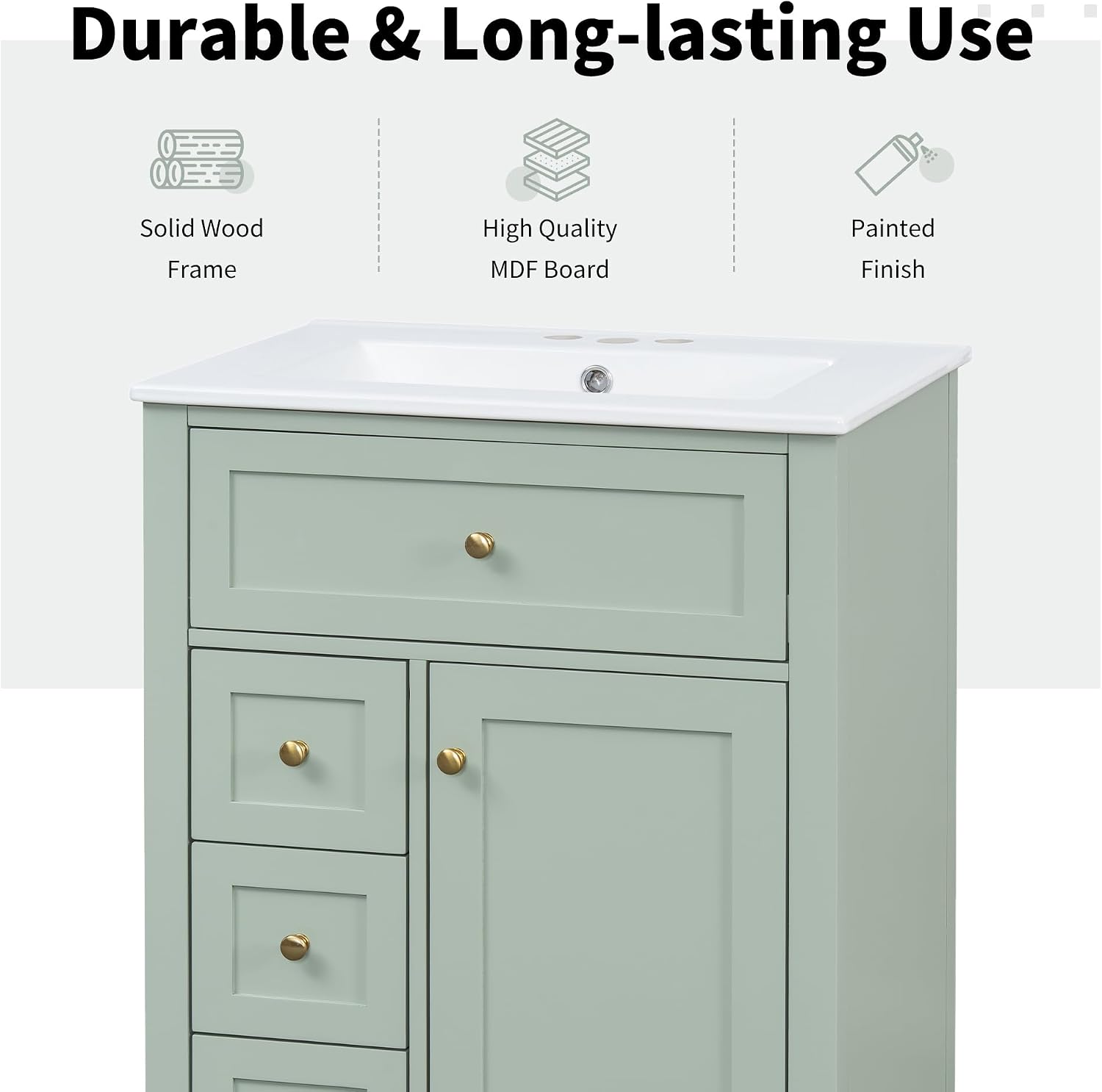24' Bathroom Vanities Sink Set, Storage Cabinet with Multi-Functional Tip-Out Drawer and Adjustable Shelf, Soft-Closing Door, Solid Wood Legs, Green
