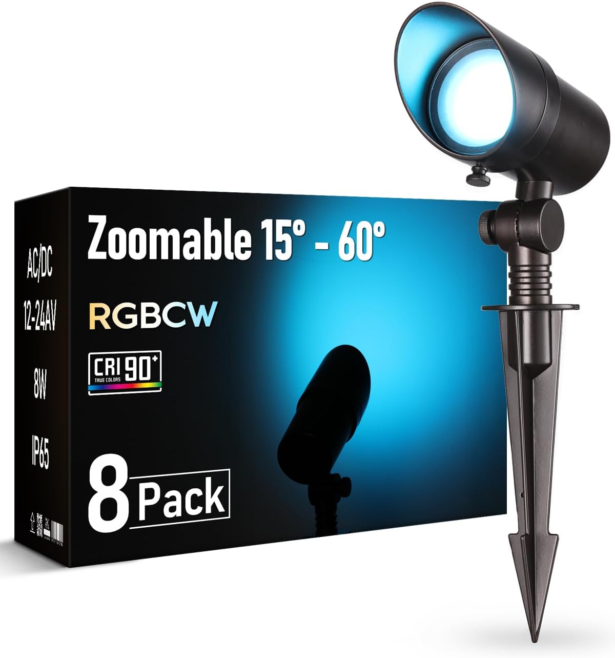 LEONLITE 8-Pack RGBCW LED Landscape Spotlight, 15°-60° Adjustable Beam Angle, 8W Low Voltage Spot Light with Stepless Adjustment, Color Changing, Aluminum, IP65 Waterproof, Oil Rubbed Bronze