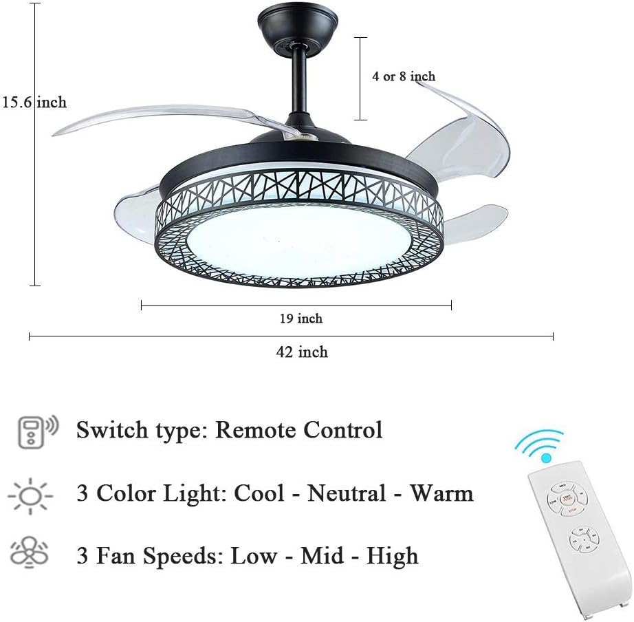 42' Ceiling Fan with Light, Modern Invisible Ceiling Fan Chandelier with Retractable Blade, Dimmable LED 3 Lighting 3 Speeds Change Ceiling Fans Lights with Remote Control (Black)