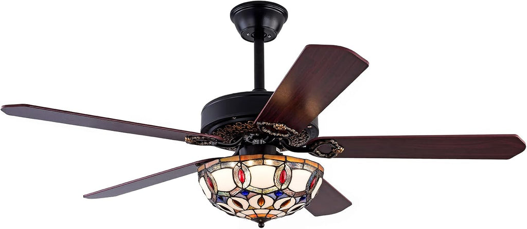 Tiffany-Style Stained Glass Ceiling Fan with Lights,52 Inch Chandelier Fan Light with 5 Reversible Wood Blades 3 Color/3 Speed Indoor Ceiling Fan with Remote Control,for Dining Living Room