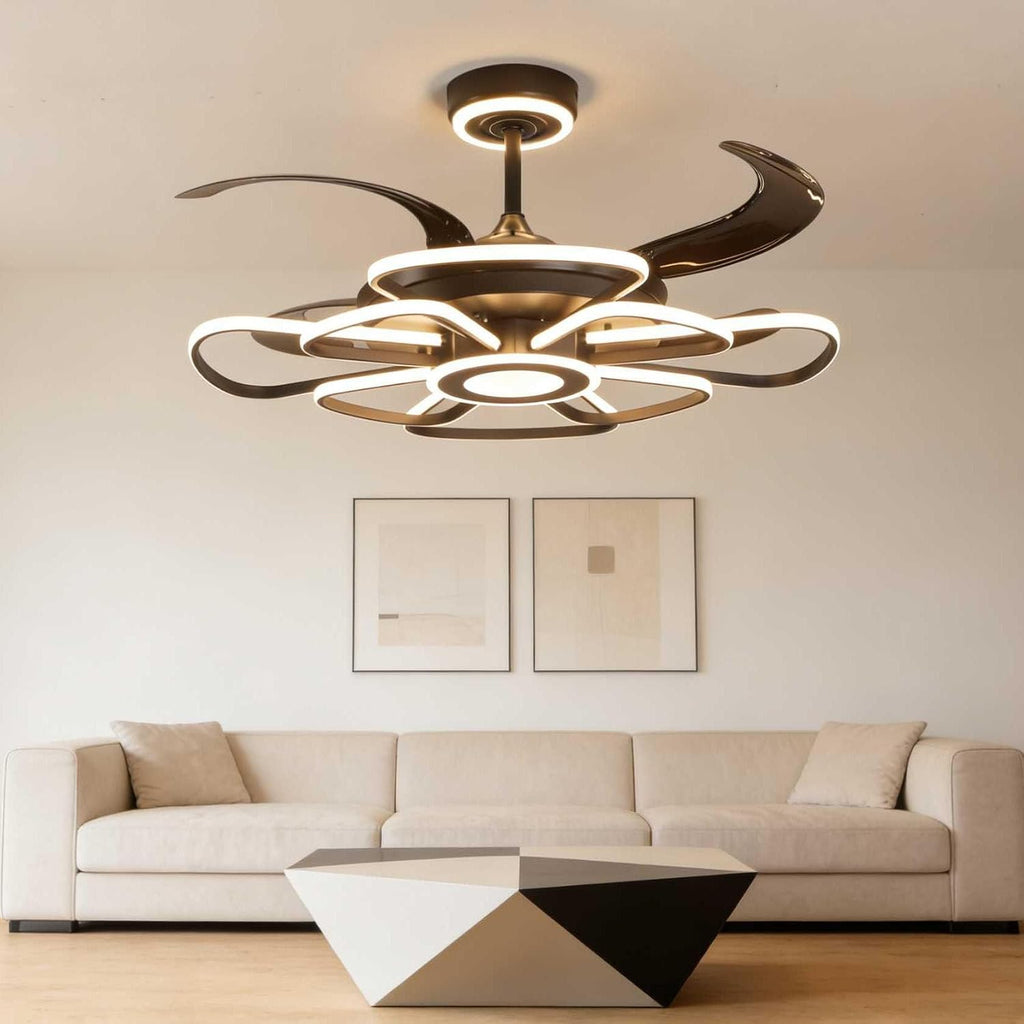 48' Retractable Ceiling Fan with Lights Modern Fandelier Fan Light with Remote Bladeless Fan Ceiling Light for Bedroom Living Room 6 Speed Black (Black RFL25003)