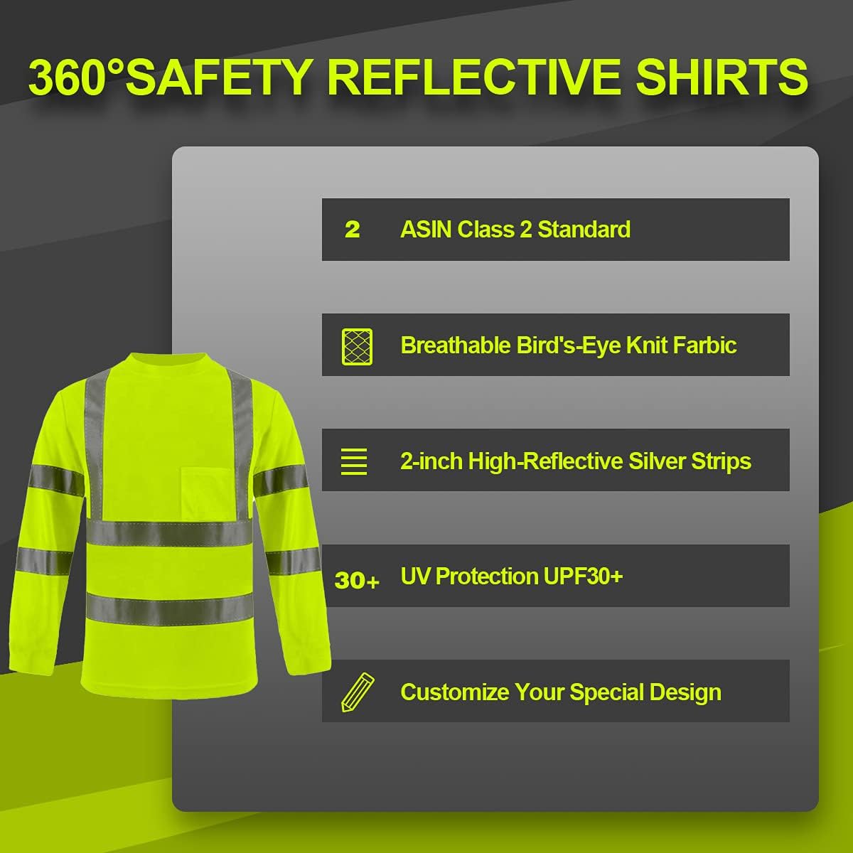 BeautyWill High Visibility Shirts Long Sleeve Class 2 Reflective Shirts ANSI with Pocket Safety Shirts for Men and Women