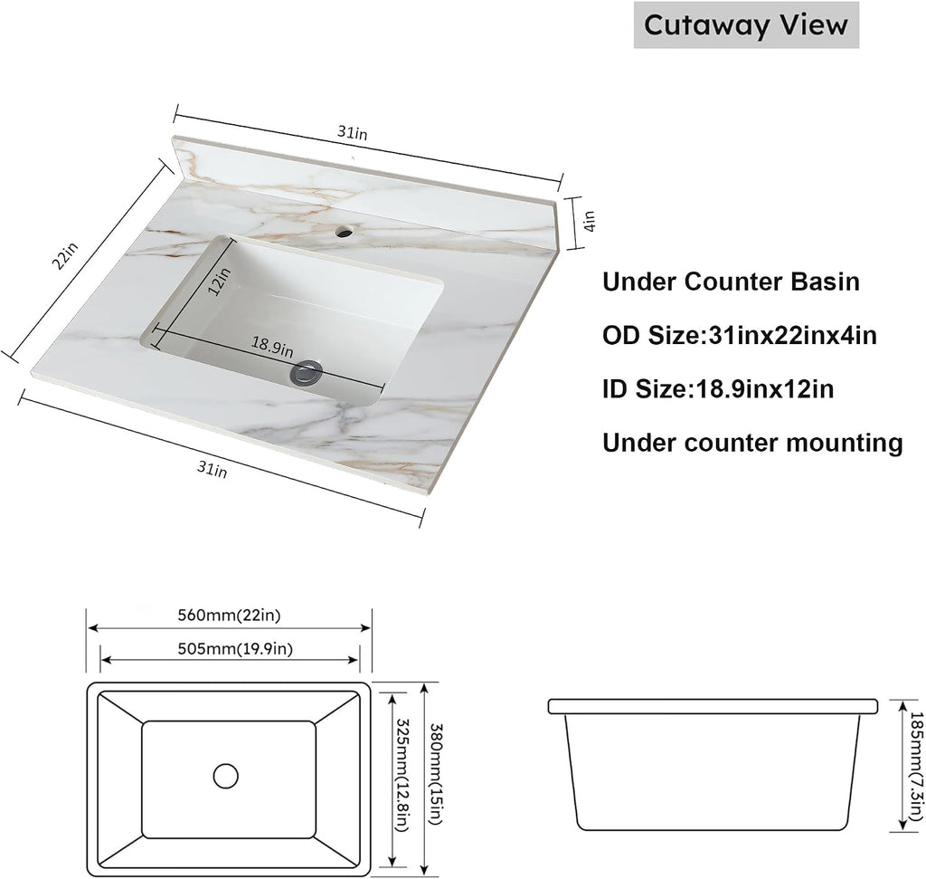 Montary 31'x 22' Vanity Top with Sink for Bathroom, Undermount Rectangular Ceramic Sink & Backsplash, Bathroom Single Bowl Vanity Top with 1 Pre-Drilled Hole