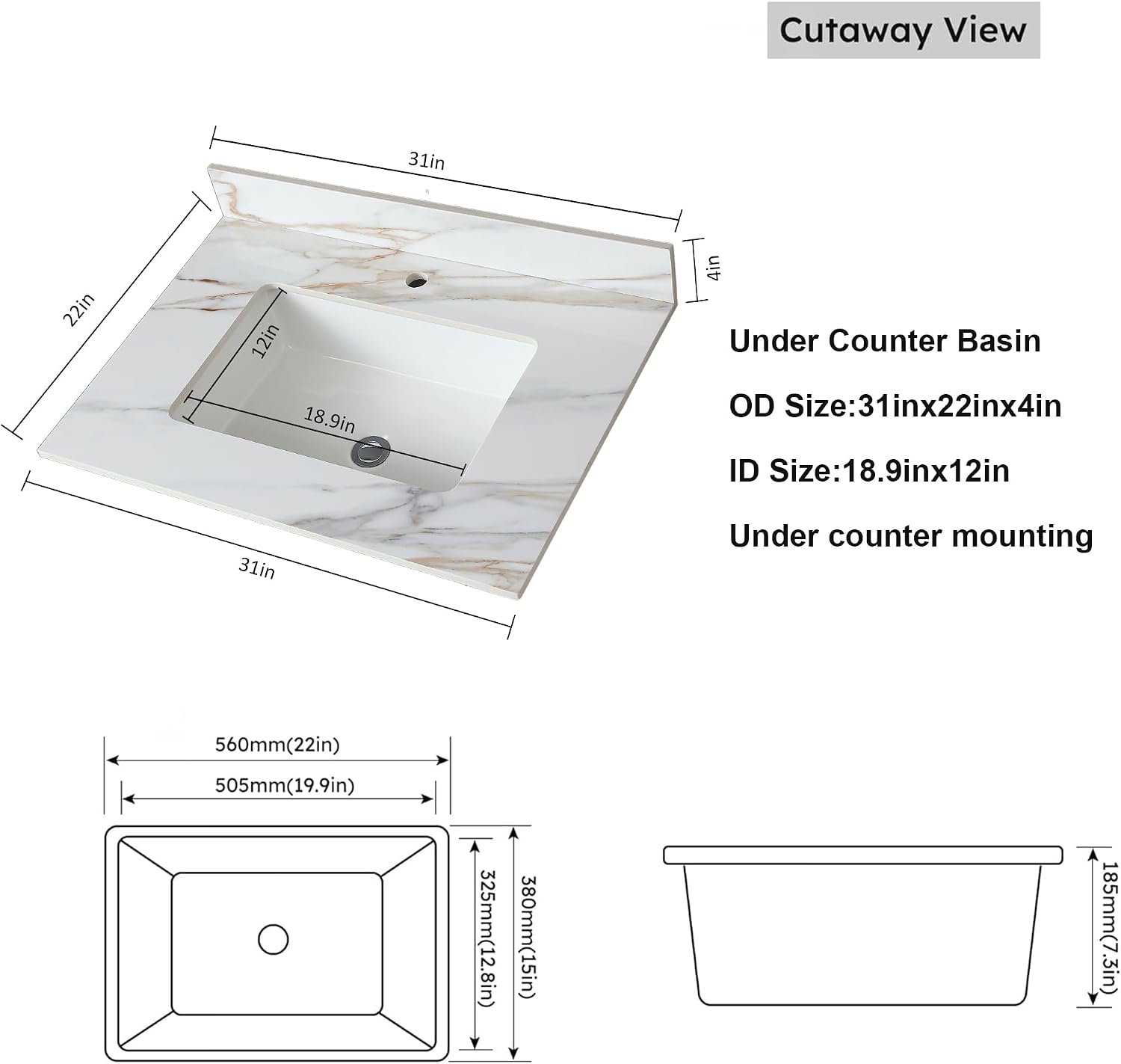 Montary 31'x 22' Vanity Top with Sink for Bathroom, Undermount Rectangular Ceramic Sink & Backsplash, Bathroom Single Bowl Vanity Top with 1 Pre-Drilled Hole