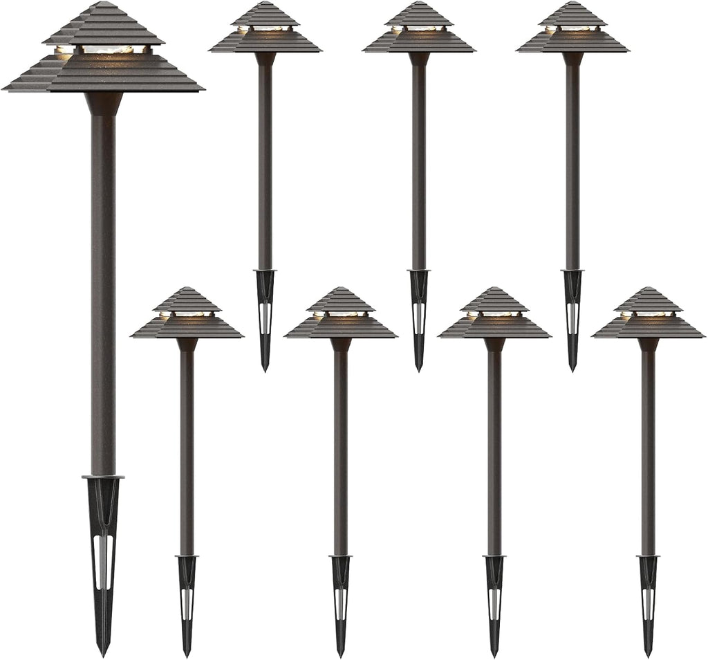 GOODSMANN Landscape Lighting 8PK Low Voltage Outdoor Path Lights 2-Tier Pagoda Landscape Path Lights Pathway Lights Wired 3W LED 180 Lumen 3000K Warm White Driveway Bronze Electric Pathway Light