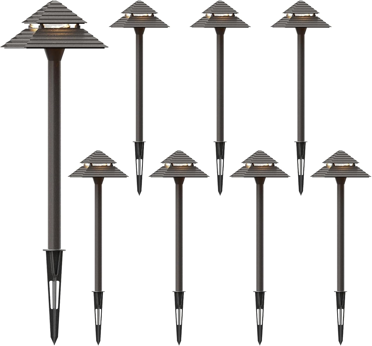 GOODSMANN Landscape Lighting 8PK Low Voltage Outdoor Path Lights 2-Tier Pagoda Landscape Path Lights Pathway Lights Wired 3W LED 180 Lumen 3000K Warm White Driveway Bronze Electric Pathway Light