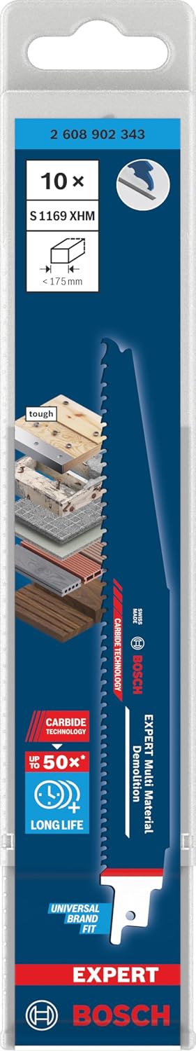 Bosch 10x Expert Multi Material Demolition S1169XHM Blade (for Wood with Metal, Construction Wood with Mortar and Nails, Length 225 mm, Professional Accessory Reciprocating Saw)