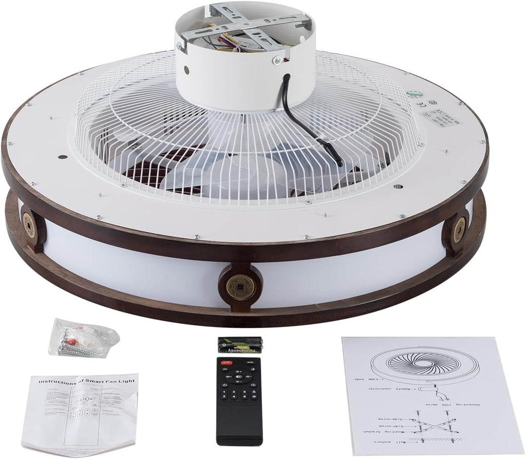 LOYALHEARTDY 20' Red Fandelier Ceiling Fan with LED Light Remote Control, 6-Speed 1/2/4H Timer Quiet Enclosed Low Profile Flush Mount Bladeless Ceiling Fan - Copper Coin