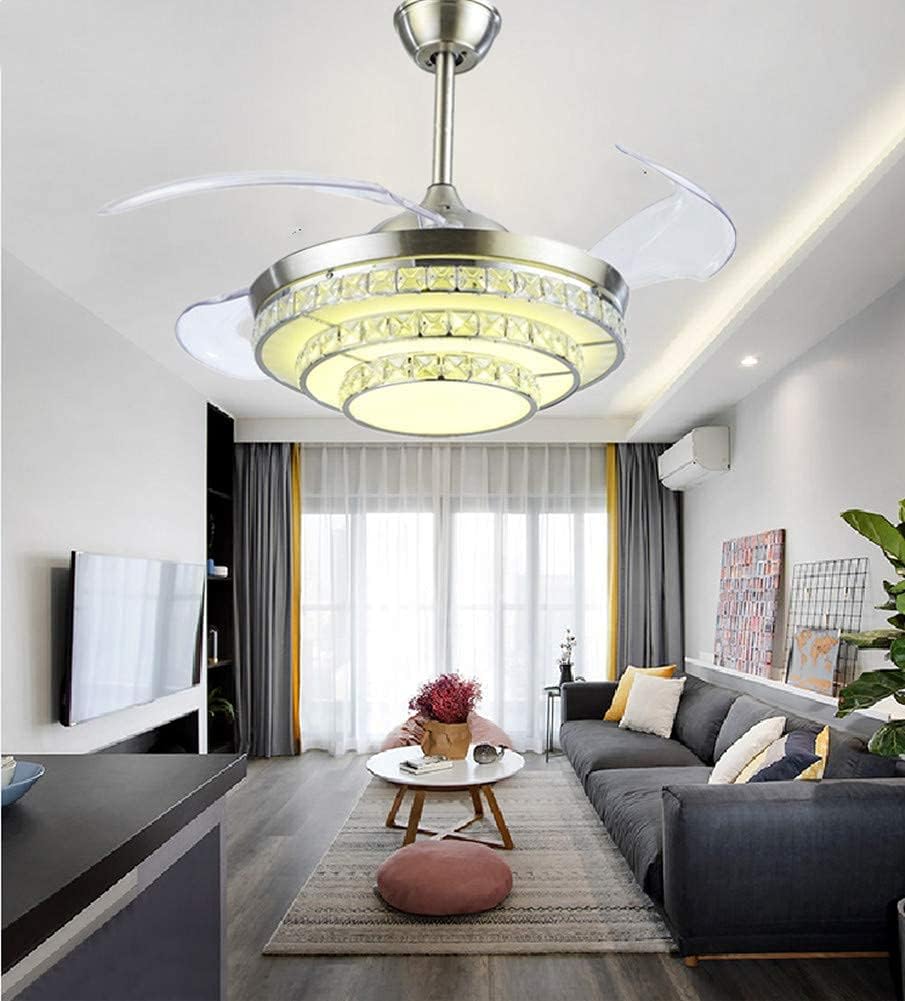 42' Crystal Invisible Ceiling Fans with Lights,Retractable Remote Control 3 Color 3 Speed LED Silent Modern Fan Chandelier Lighting for Livingroom Bedroom(Silver)
