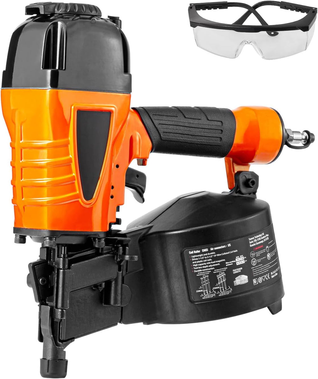 Happybuy Coil Siding Nailer CN65, 1-1/4' to 2-1/2' 15 Degree Pneumatic Siding Nail Gun with Tool-Less Depth Adjustment, 70-120PSI Air Coil Nailer for Siding, Pallet Sheathing, Wooding, Fencing