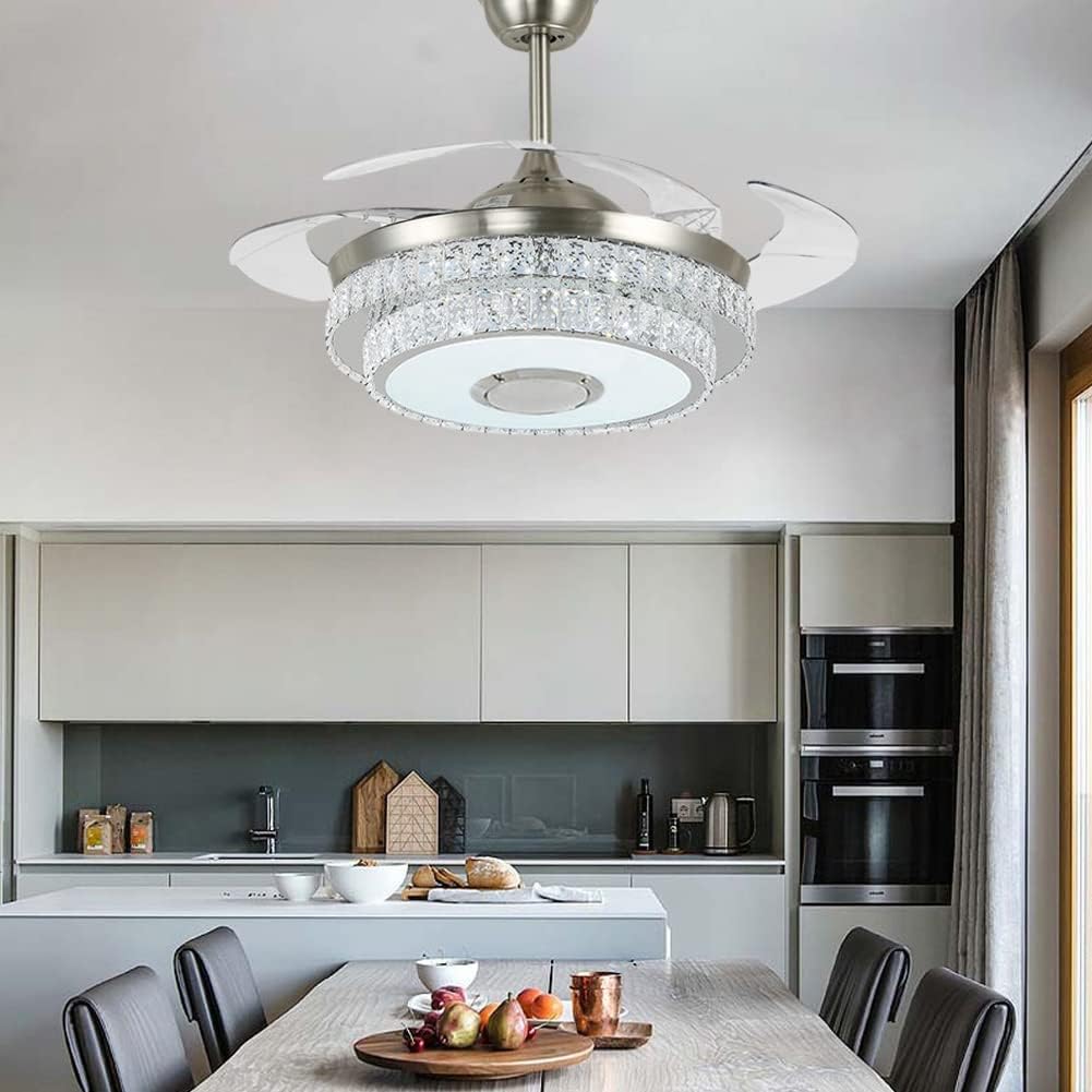 42 inch Bluetooth Ceiling Fan with 7 Colorful Dimmable, Retractable Crystal Chandelier Fans with Remote Control 3 Lights Level and 3 Speed for Bedroom Living Room