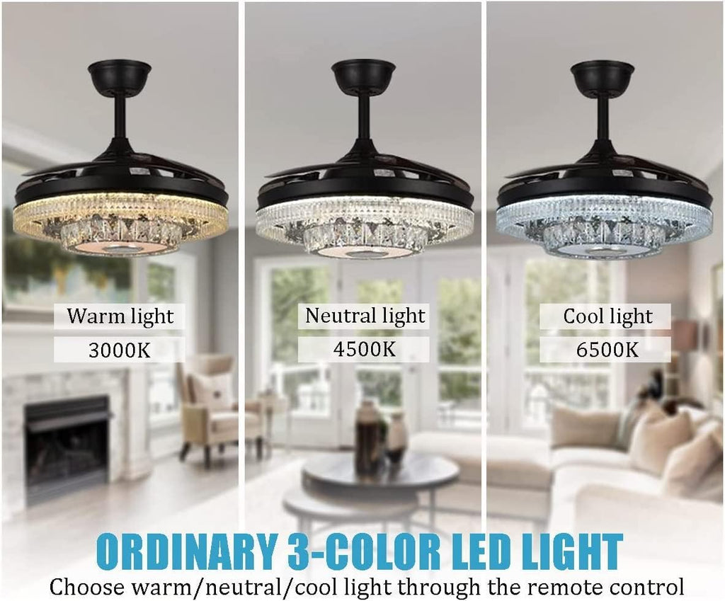 42' Modern Chandelier Ceiling Fan with Lights Reversible Blades, Fandelier with Bluetooth Speaker 7 Dimmable Colors 6 Speeds, Crystal Retractable Ceiling Fan with Remote Control Silent Motor