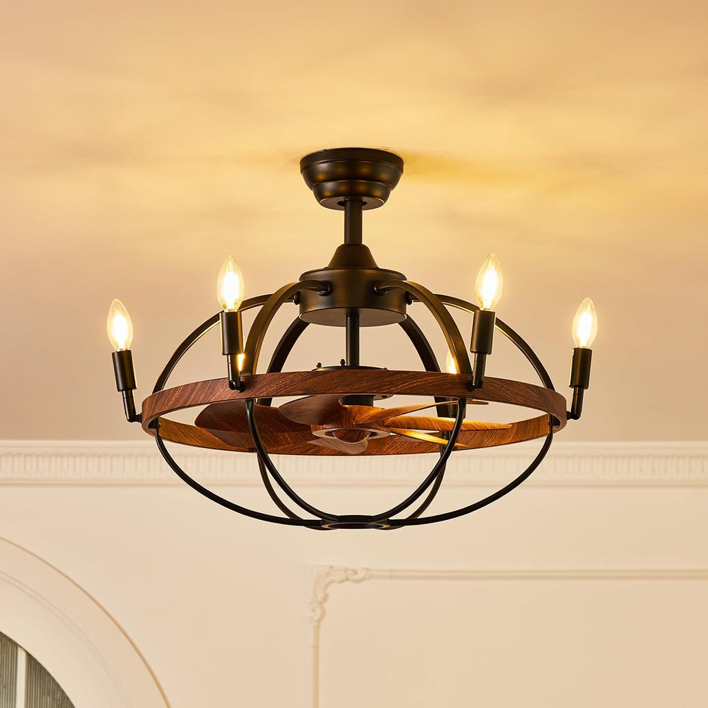 27.6' Farmhouse Ceiling Fan with Light and Remote Control, Vintage Cage Candle Chandelier Fans Rustic Enclosed Bladeless Fandelier for Kitchen Dining Room Living Room