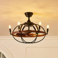 27.6' Farmhouse Ceiling Fan with Light and Remote Control, Vintage Cage Candle Chandelier Fans Rustic Enclosed Bladeless Fandelier for Kitchen Dining Room Living Room