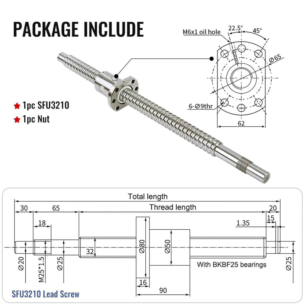 SFU3210 RM3210 Ball Screw Length from 100mm to 1150mm Lead 10mm with End Machined for BK25 and BF25 Plus Ball Nut for CNC Parts(250mm)