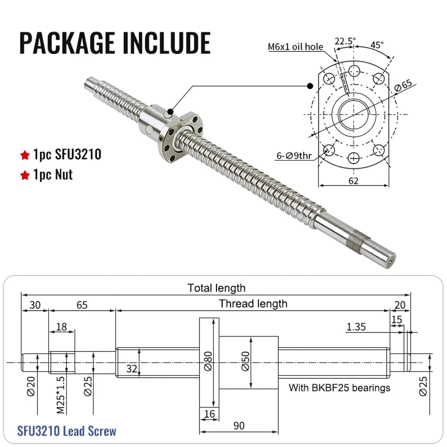SFU3210 RM3210 Ball Screw Length from 100mm to 1150mm Lead 10mm with End Machined for BK25 and BF25 Plus Ball Nut for CNC Parts(250mm)